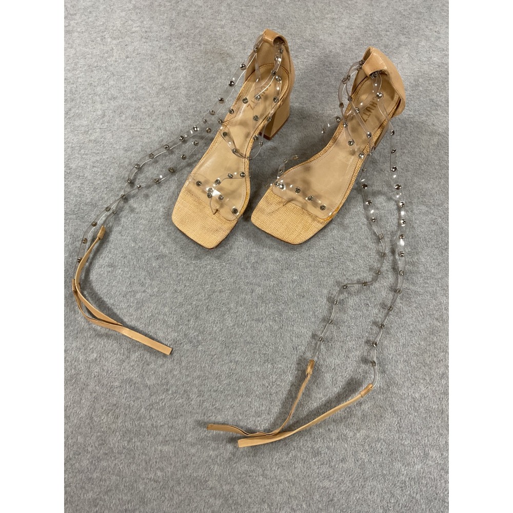 Schutz Nude Clear Studded Lace Up Block Heel Sandals Square Toe Size 39 EUR 8.5